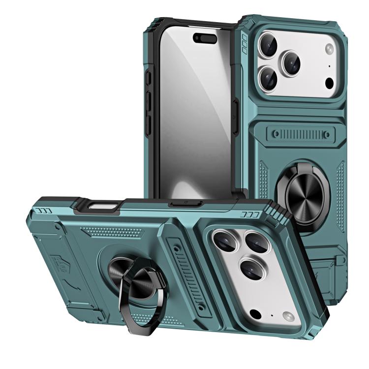 For iPhone 17 Pro TPU+PC Shockproof Card Phone Case with Metal Ring Holder(Green)