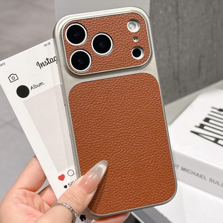 For iPhone 17 Pro Transforms Into 17 Series Large Window Frosted Lychee Texture Phone Case(Dark Brown)