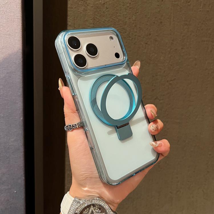 For iPhone 17 Pro Transparent Colorful Metal Ring Holder MagSafe Phone Case(Blue)