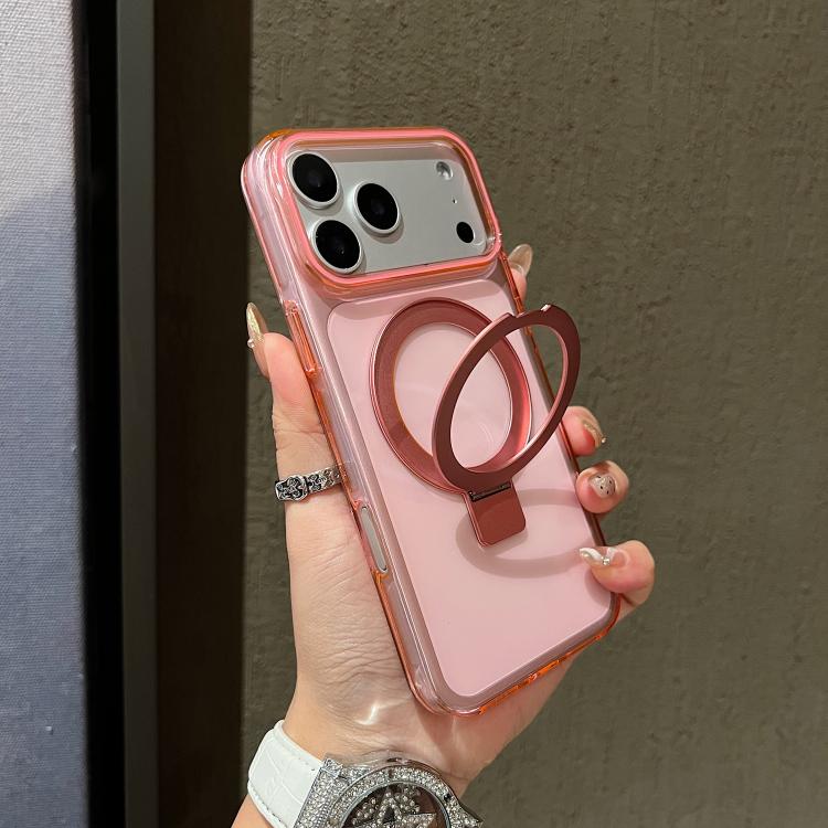 For iPhone 17 Pro Transparent Colorful Metal Ring Holder MagSafe Phone Case(Pink)