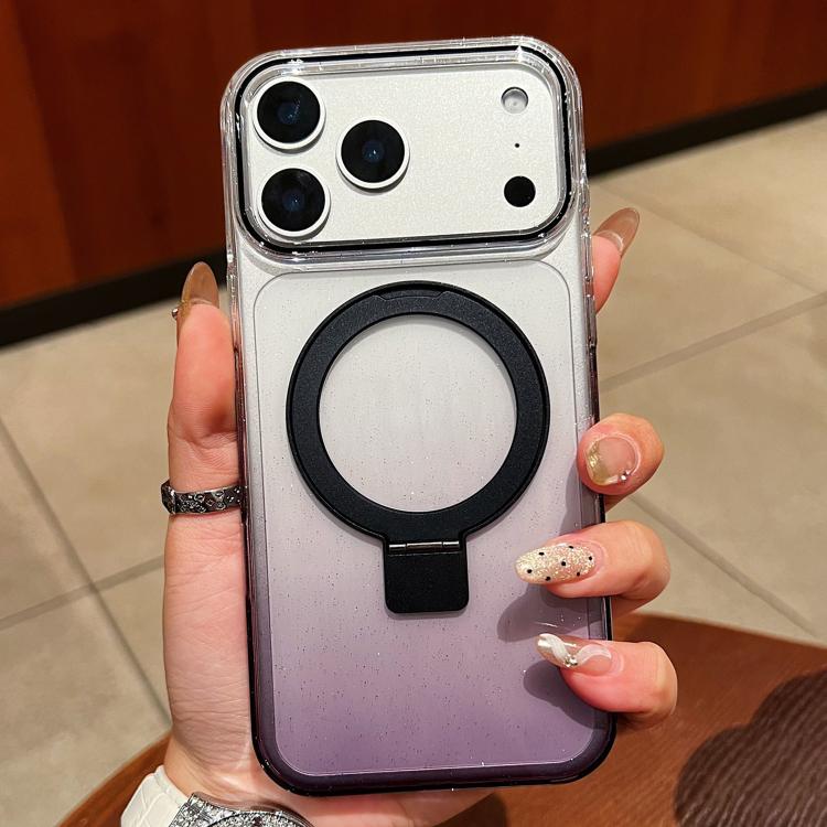 For iPhone 17 Pro Transparent Gradient Metal Ring Holder MagSafe Phone Case(Black)