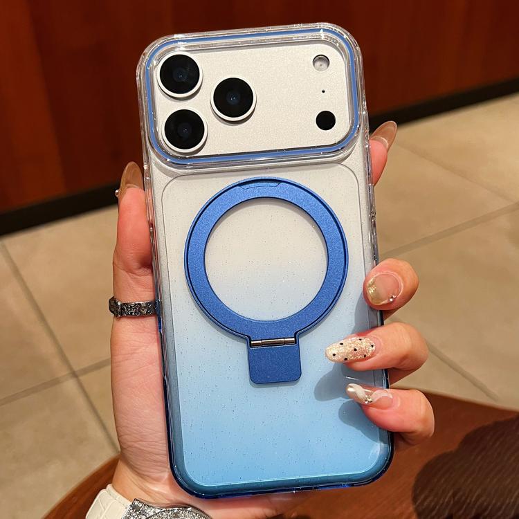 For iPhone 17 Pro Transparent Gradient Metal Ring Holder MagSafe Phone Case(Blue)