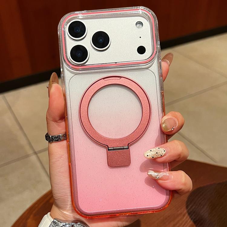 For iPhone 17 Pro Transparent Gradient Metal Ring Holder MagSafe Phone Case(Pink)