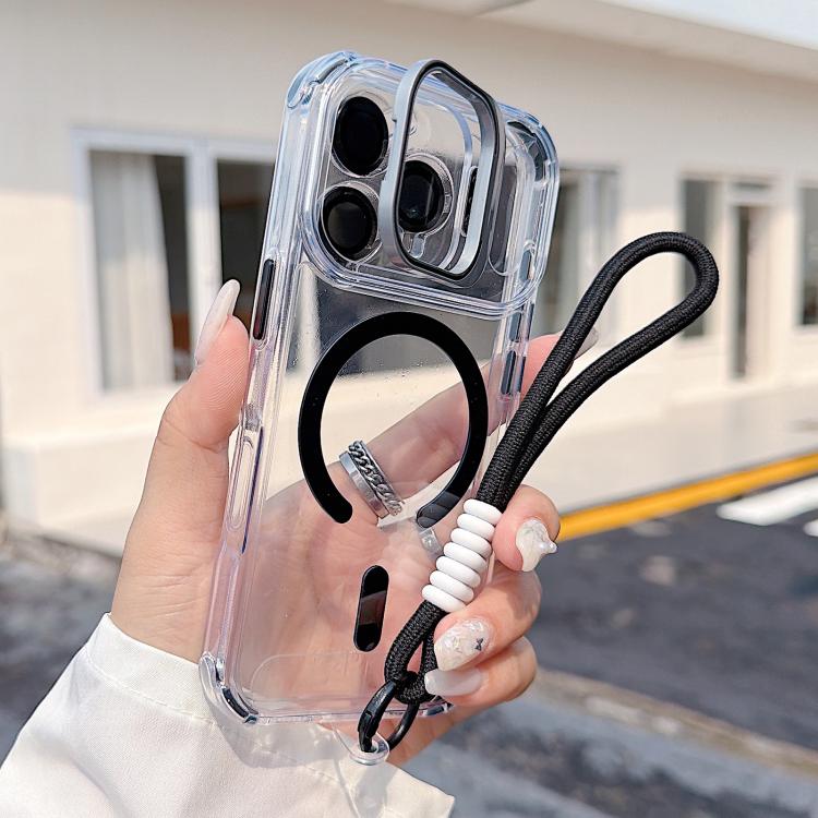 For iPhone 17 Pro Transparent Lens Kickstand Magnetic Phone Case with Wrist Strap(Black)