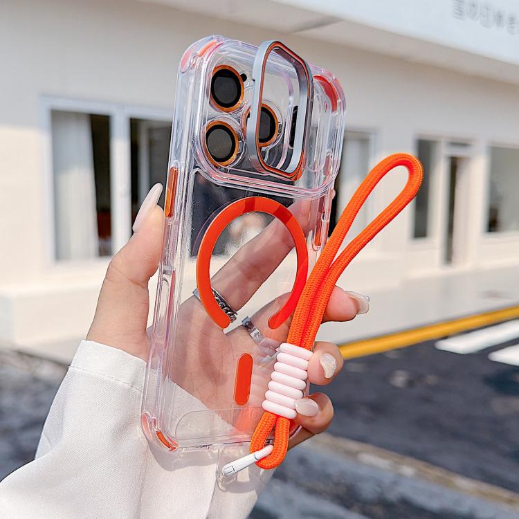 For iPhone 17 Pro Transparent Lens Kickstand Magnetic Phone Case with Wrist Strap(Orange)