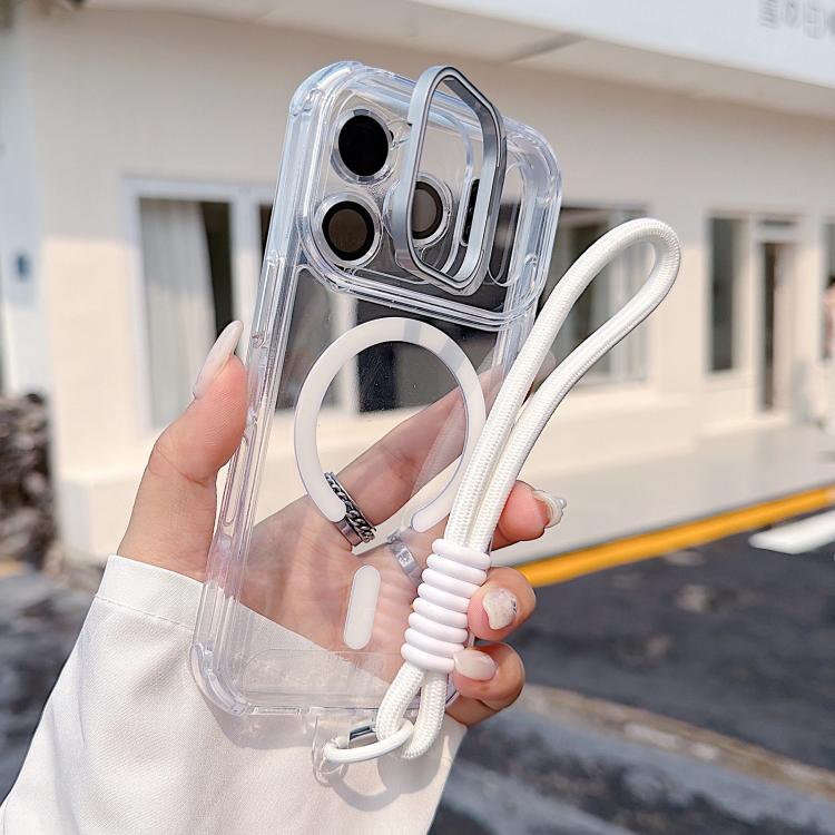 For iPhone 17 Pro Transparent Lens Kickstand Magnetic Phone Case with Wrist Strap(White)