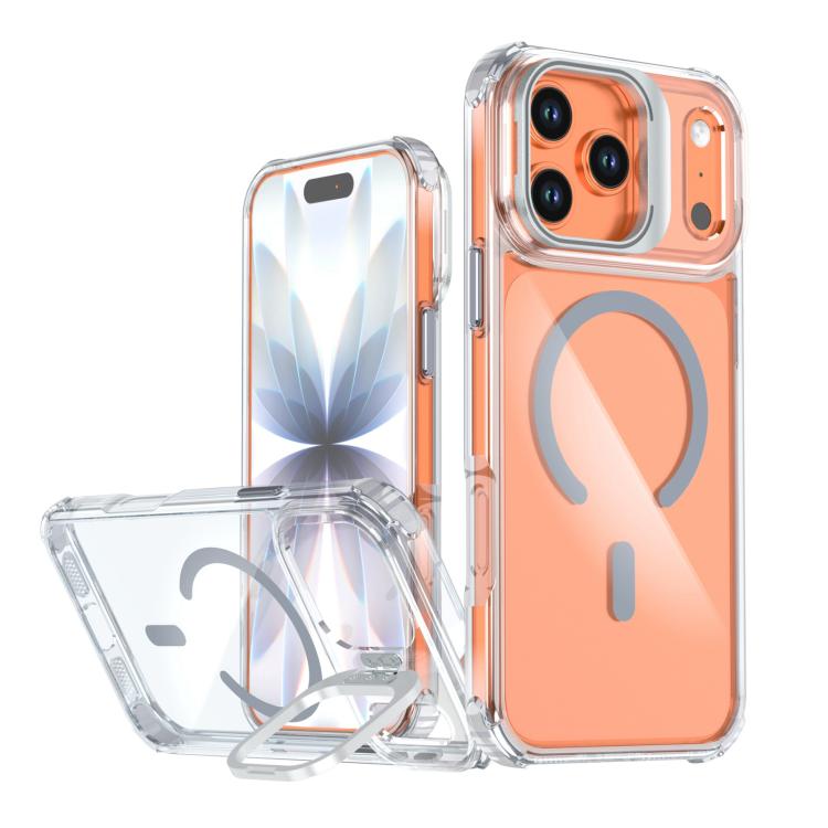 For iPhone 17 Pro Transparent Lens Kickstand Magnetic Phone Case(Grey)