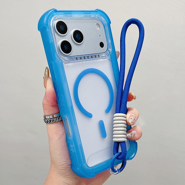 For iPhone 17 Pro Transparent Matte TPU Hybrid PC 3-in-1 MagSafe Phone Case with Wrist Strap(Blue)