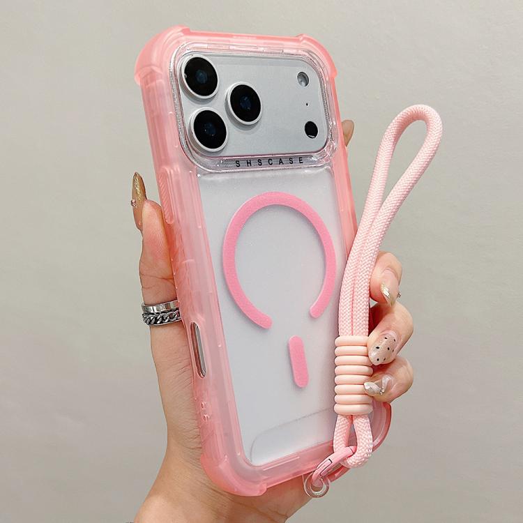For iPhone 17 Pro Transparent Matte TPU Hybrid PC 3-in-1 MagSafe Phone Case with Wrist Strap(Pink)