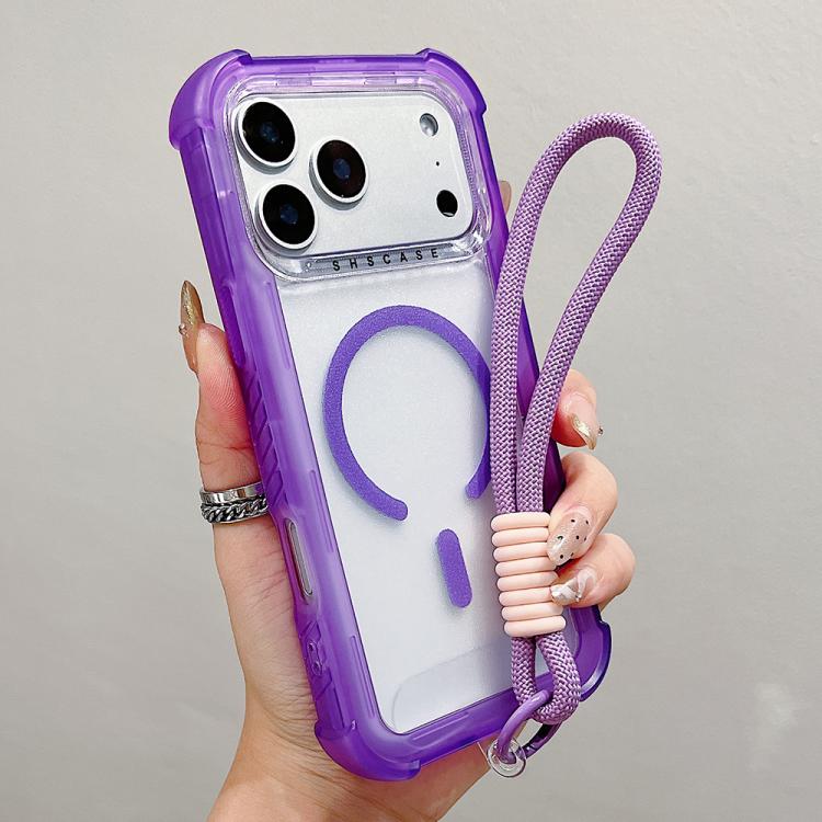 For iPhone 17 Pro Transparent Matte TPU Hybrid PC 3-in-1 MagSafe Phone Case with Wrist Strap(Purple)