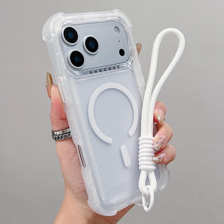 For iPhone 17 Pro Transparent Matte TPU Hybrid PC 3-in-1 MagSafe Phone Case with Wrist Strap(White)
