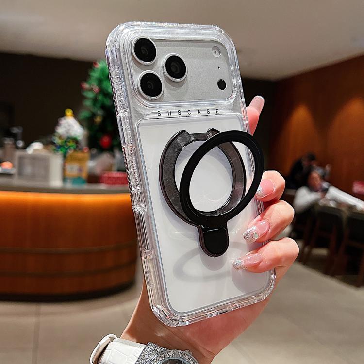 For iPhone 17 Pro Transparent Pivot Metal Holder Magnetic Phone Case(Black)