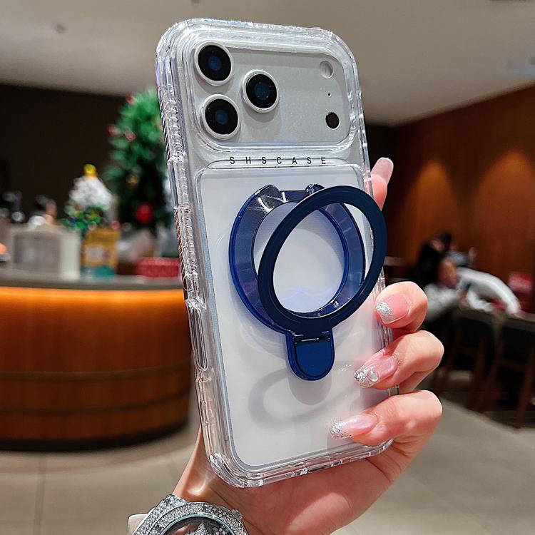 For iPhone 17 Pro Transparent Pivot Metal Holder Magnetic Phone Case(Dark Blue)