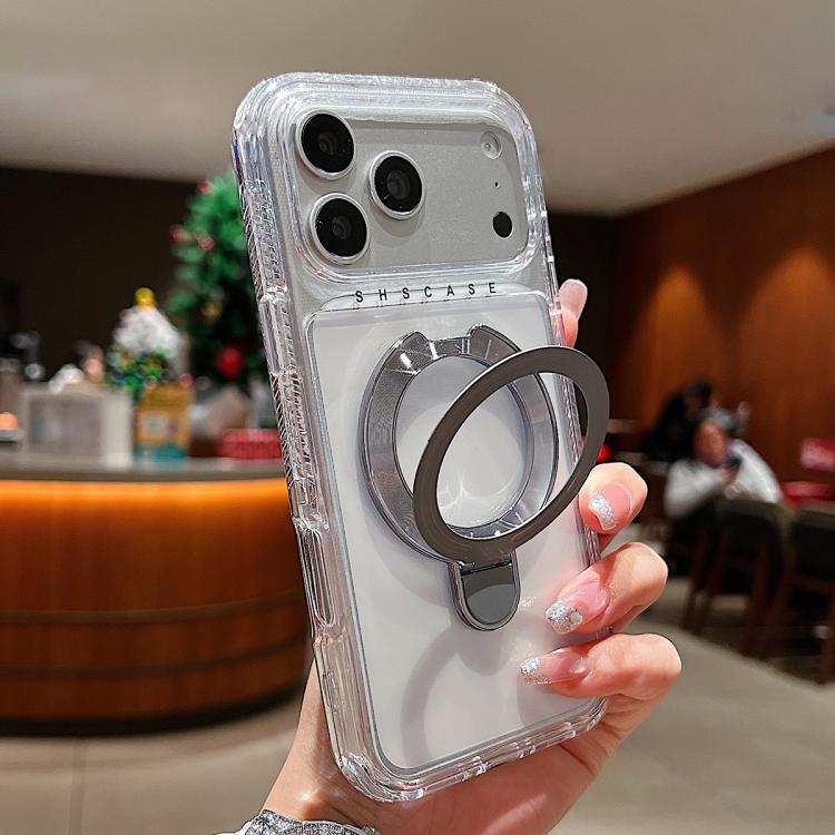 For iPhone 17 Pro Transparent Pivot Metal Holder Magnetic Phone Case(Grey)