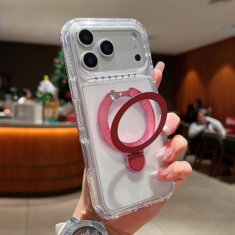 For iPhone 17 Pro Transparent Pivot Metal Holder Magnetic Phone Case(Pink)