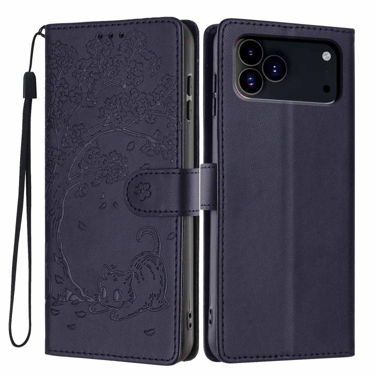 For iPhone 17 Pro Tree Cat Embossed Flip Vegan Leather Phone Case(Dark Blue)