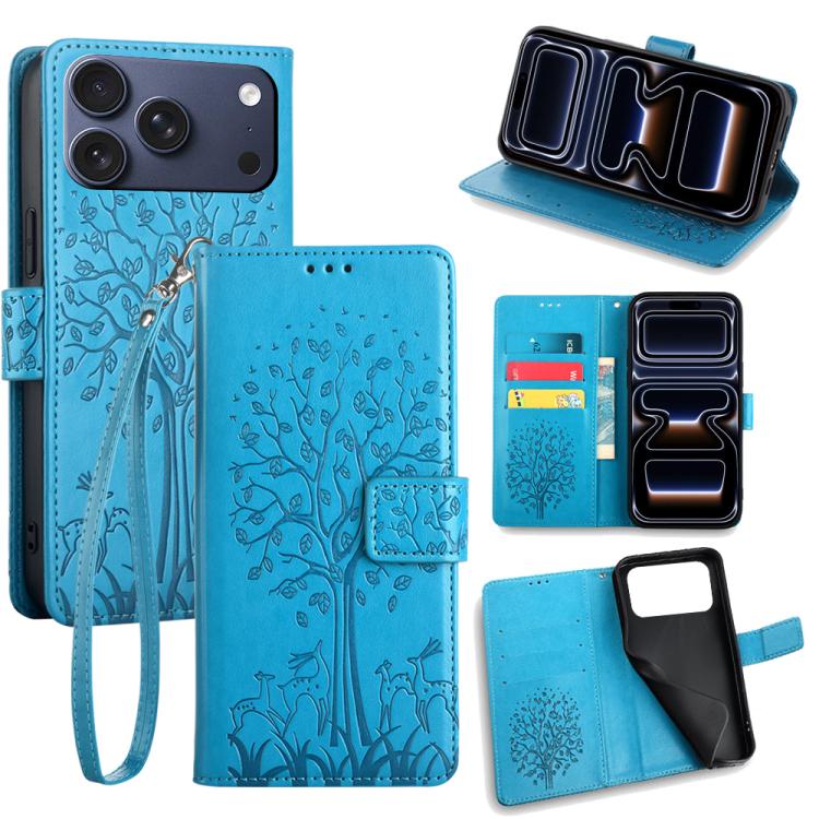 For iPhone 17 Pro Tree & Deer Embossed Leather Phone Case(Blue)
