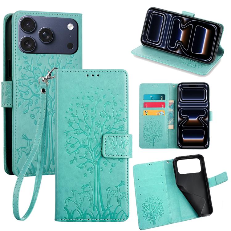For iPhone 17 Pro Tree & Deer Embossed Leather Phone Case(Green)