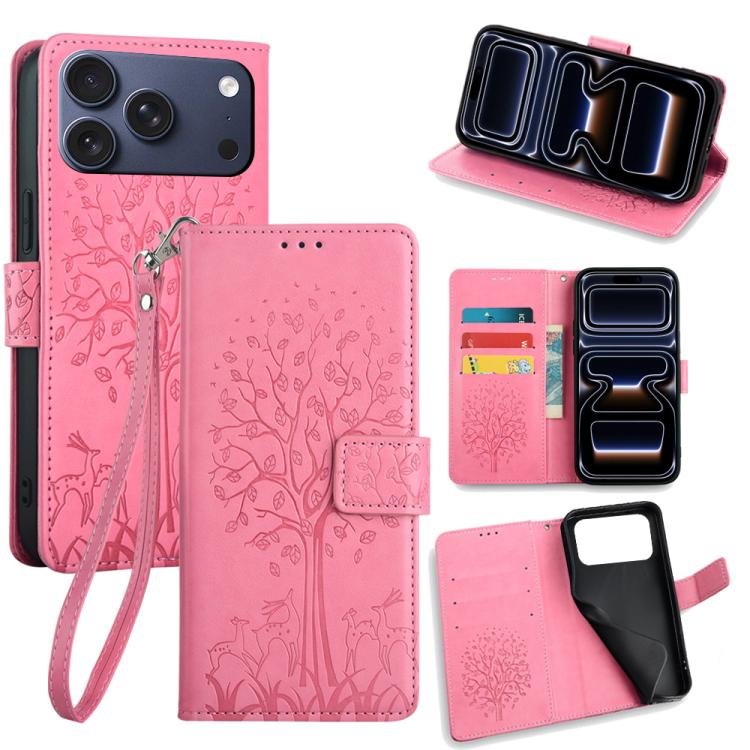 For iPhone 17 Pro Tree & Deer Embossed Leather Phone Case(Pink)
