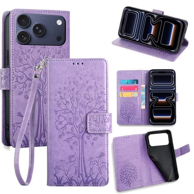For iPhone 17 Pro Tree & Deer Embossed Leather Phone Case(Purple)
