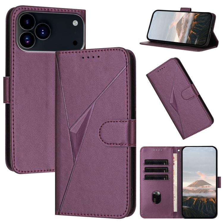 For iPhone 17 Pro Triangle Pattern Buckle Clasp Leather Phone Case(Dark Purple)