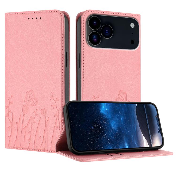 For iPhone 17 Pro Tulips Butterfly Pattern Magnetic Vegan Leather Phone Case(Pink)