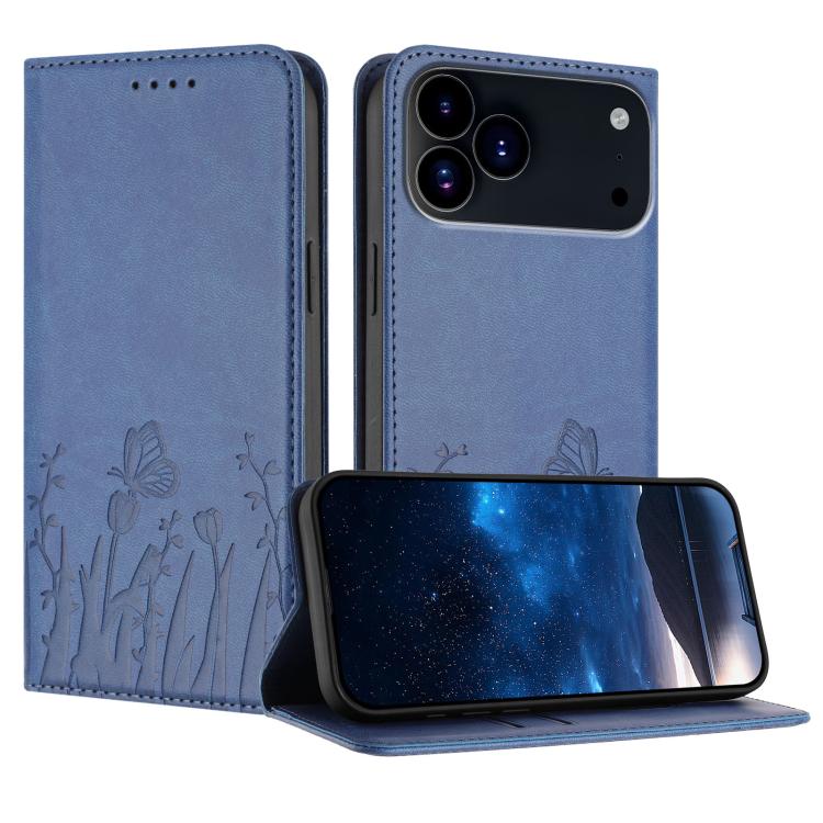 For iPhone 17 Pro Tulips Butterfly Pattern Magnetic Vegan Leather Phone Case(Royal Blue)