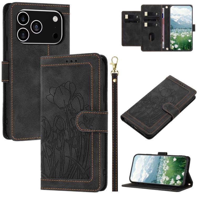 For iPhone 17 Pro Tulips Embossed Leather Phone Case with Lanyard(Black)