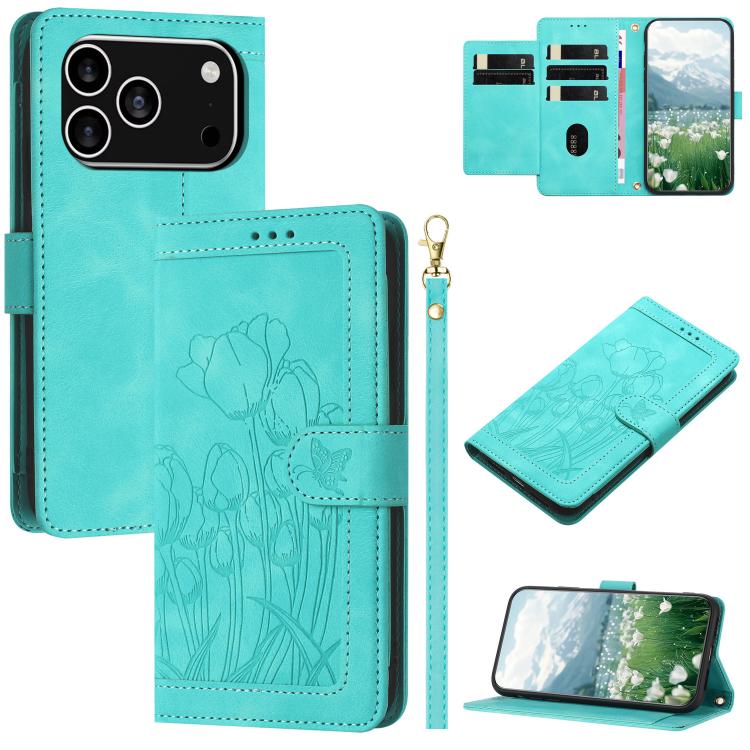 For iPhone 17 Pro Tulips Embossed Leather Phone Case with Lanyard(Green)
