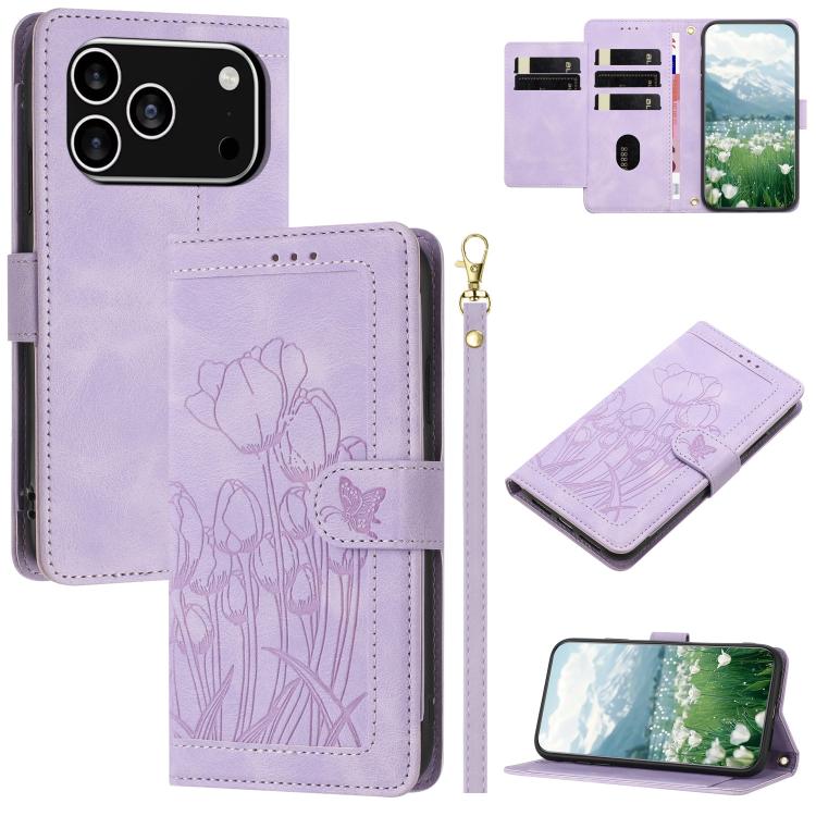 For iPhone 17 Pro Tulips Embossed Leather Phone Case with Lanyard(Purple)