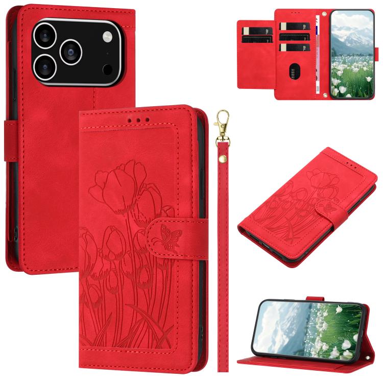 For iPhone 17 Pro Tulips Embossed Leather Phone Case with Lanyard(Red)