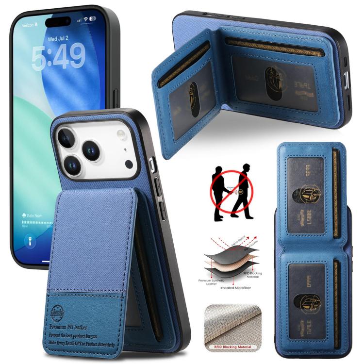 For iPhone 17 Pro Twill Fabric Leather Vertical Flip RFID Card Bag Phone Case(Blue)