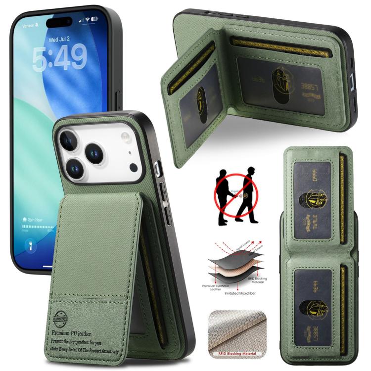 For iPhone 17 Pro Twill Fabric Leather Vertical Flip RFID Card Bag Phone Case(Green)