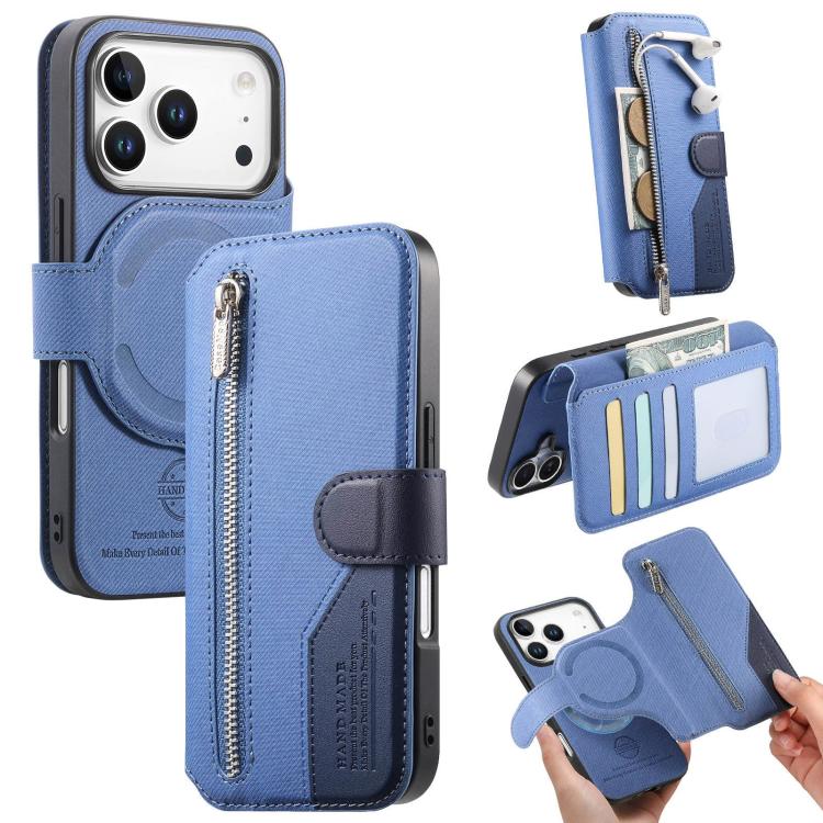 For iPhone 17 Pro Twill Fabric MagSafe RFID Anti-theft Zipper Wallet Leather Phone Case(Dark Blue)