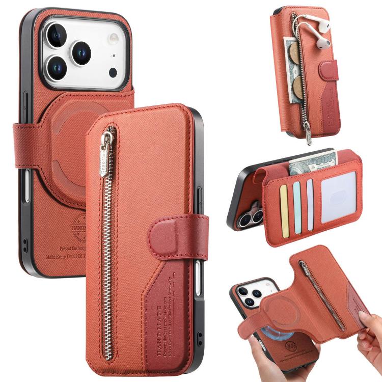 For iPhone 17 Pro Twill Fabric MagSafe RFID Anti-theft Zipper Wallet Leather Phone Case(Orange)