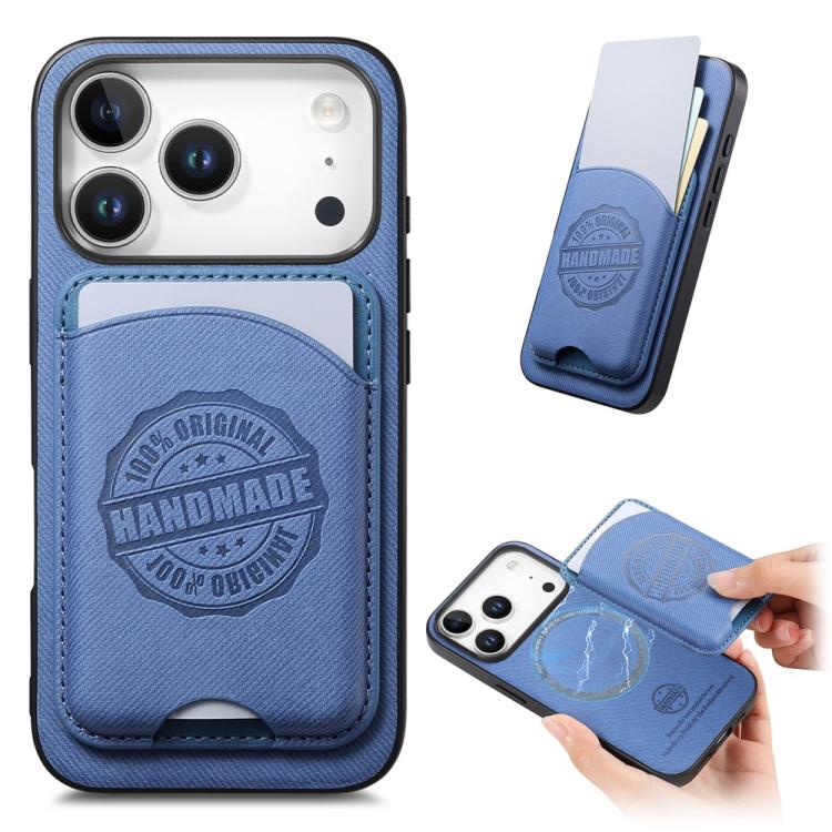 For iPhone 17 Pro Twill Texture Vegan Leather Magnetic Phone Cover with Detachable Card Holder(Blue)
