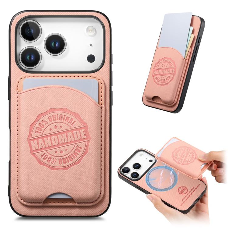 For iPhone 17 Pro Twill Texture Vegan Leather Magnetic Phone Cover with Detachable Card Holder(Pink)