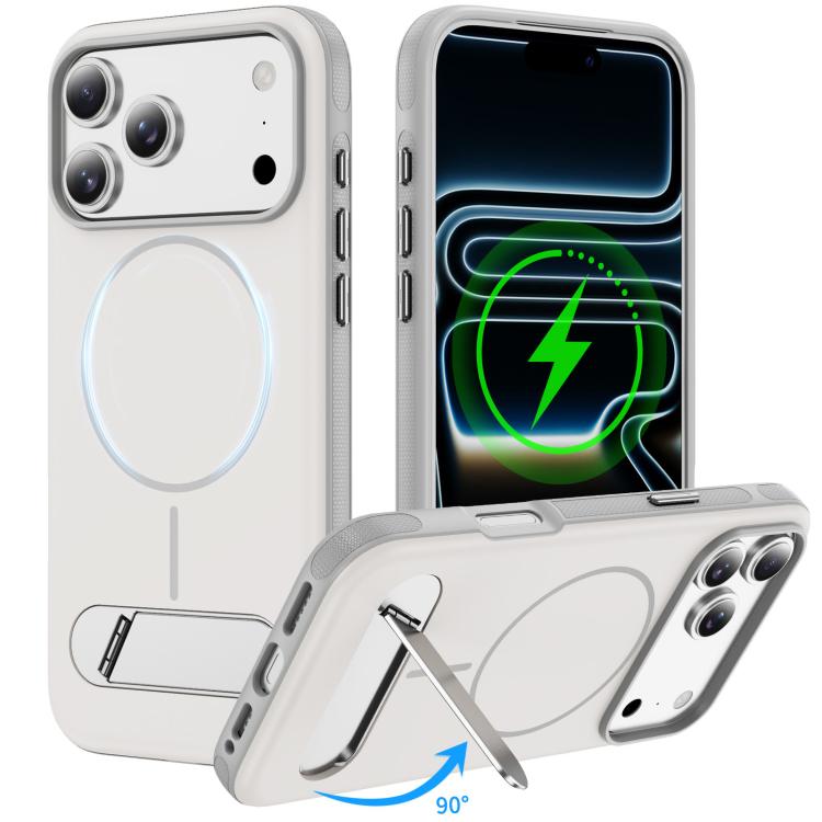 For iPhone 17 Pro Two-colors Imitation Original Magnetic Phone Case with Holder(Grey White)