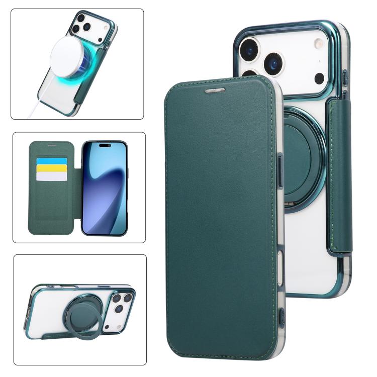 For iPhone 17 Pro Ultra-thin Rotation Holder Magnetic Plating Vegan Leather Phone Case(Blackish Green)