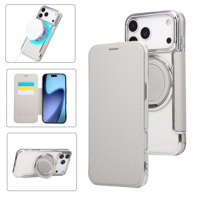For iPhone 17 Pro Ultra-thin Rotation Holder Magnetic Plating Vegan Leather Phone Case(Grayish White)