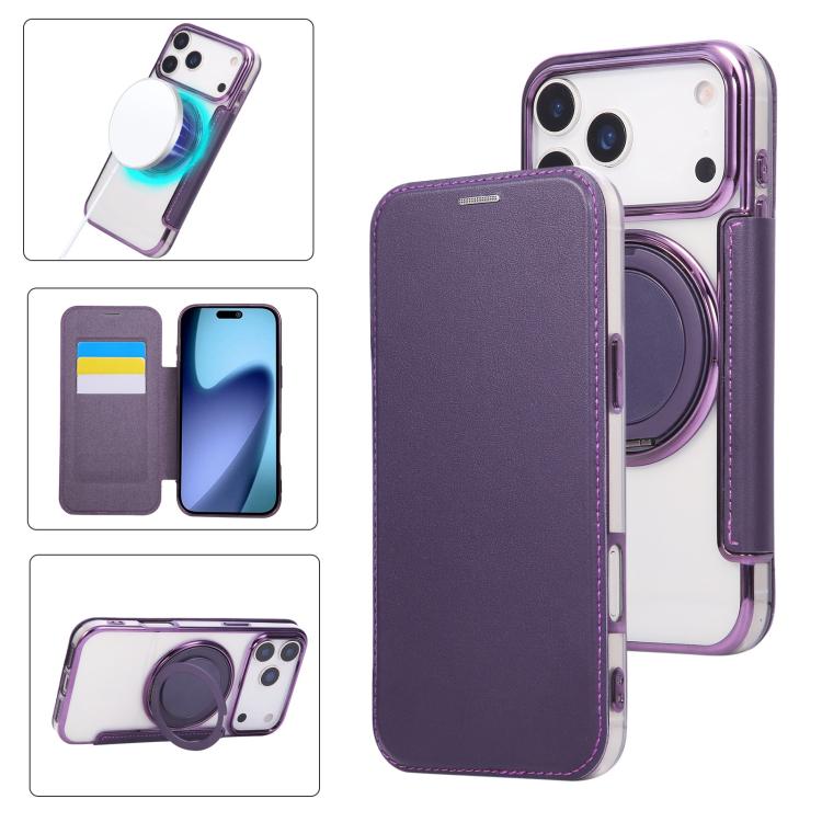 For iPhone 17 Pro Ultra-thin Rotation Holder Magnetic Plating Vegan Leather Phone Case(Purple)