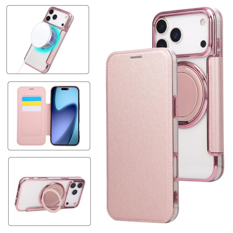 For iPhone 17 Pro Ultra-thin Rotation Holder Magnetic Plating Vegan Leather Phone Case(Rose Gold)