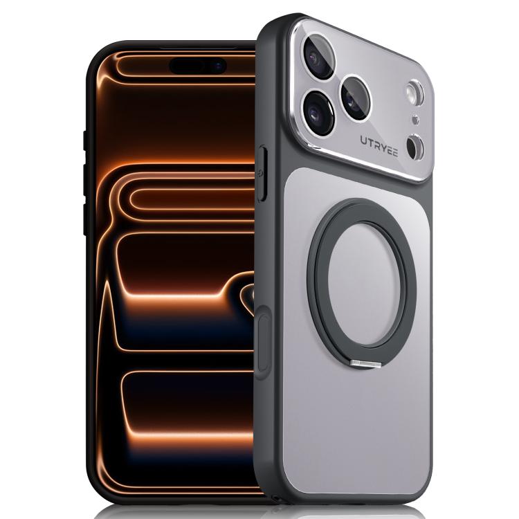 For iPhone 17 Pro UTRYEE Colorful Silver 360 Rotating Holder Phone Case(Black)