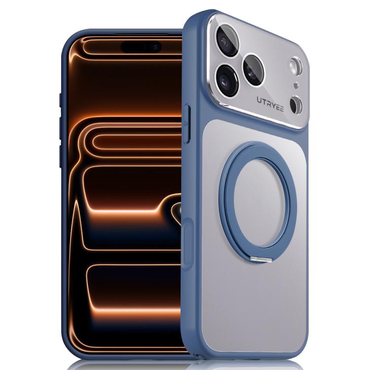 For iPhone 17 Pro UTRYEE Colorful Silver 360 Rotating Holder Phone Case(Dark Blue)