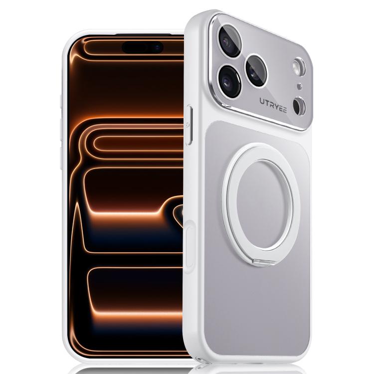For iPhone 17 Pro UTRYEE Colorful Silver 360 Rotating Holder Phone Case(White)