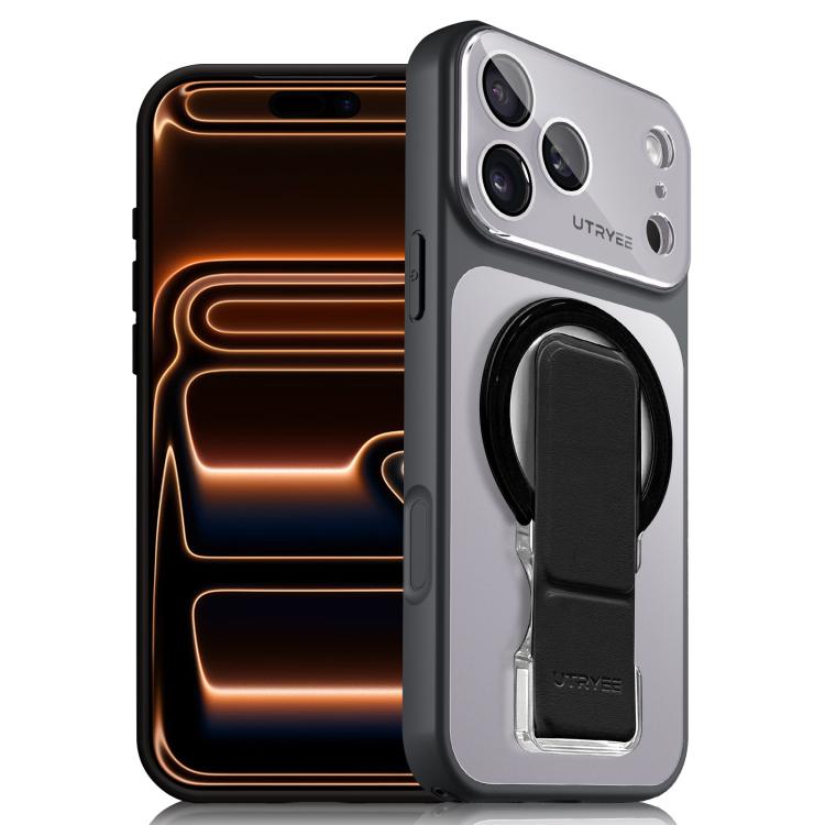 For iPhone 17 Pro UTRYEE Colorful Silver Magnetic Phone Case with PU Fold Holder(Black)