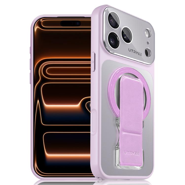 For iPhone 17 Pro UTRYEE Colorful Silver Magnetic Phone Case with PU Fold Holder(Purple)