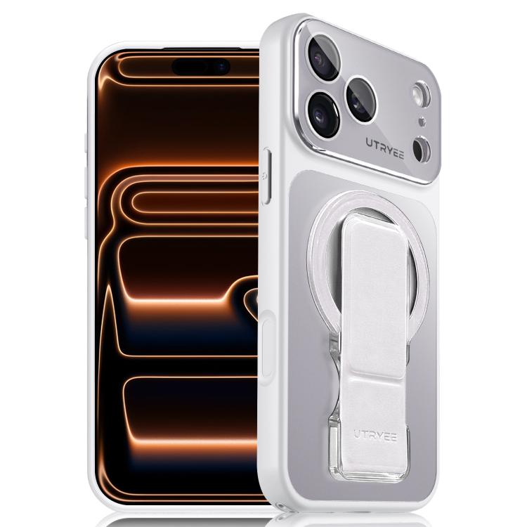 For iPhone 17 Pro UTRYEE Colorful Silver Magnetic Phone Case with PU Fold Holder(White)