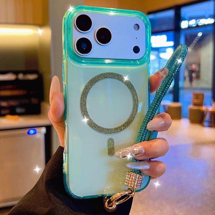 For iPhone 17 Pro UTRYEE Glitter Magnetic Ring Phone Case with Rhinestone Wrist Strap(Light Blue)