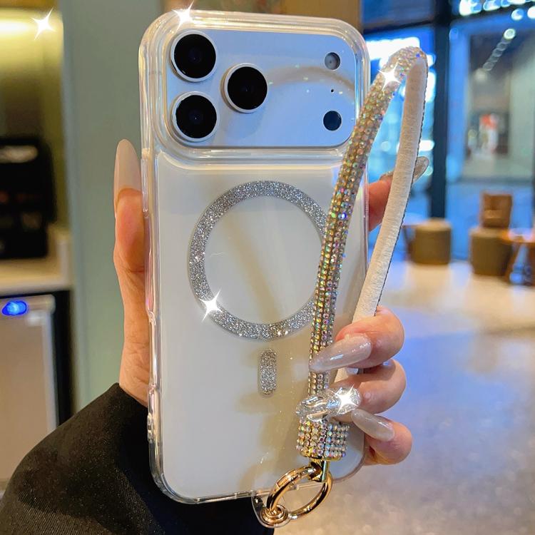 For iPhone 17 Pro UTRYEE Glitter Magnetic Ring Phone Case with Rhinestone Wrist Strap(White)